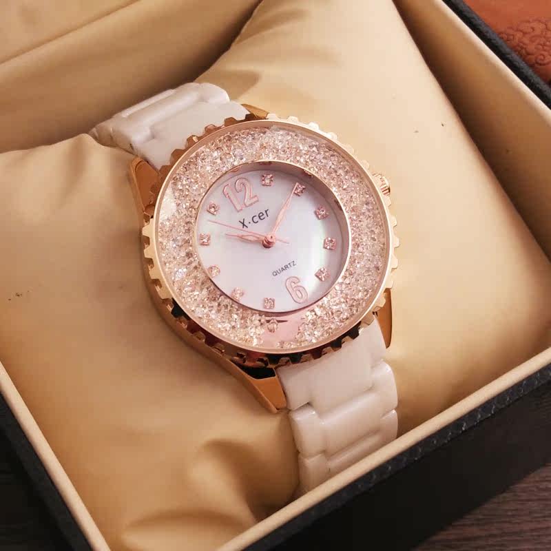正品香雪儿x.cer白陶瓷手表水钻水晶流沙转运女士韩版简约时装表