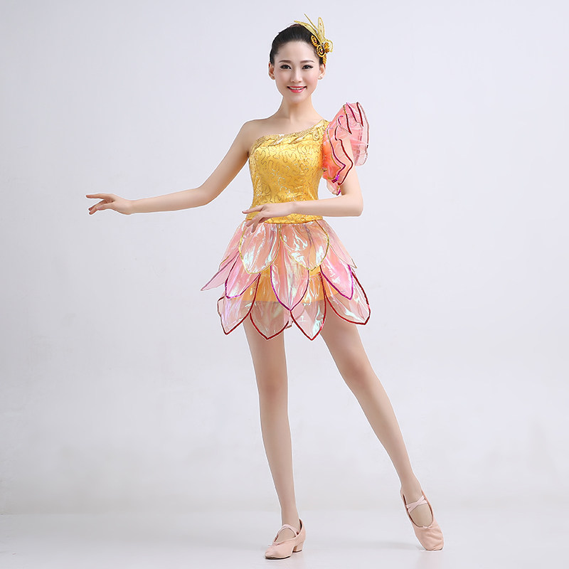 现代舞蹈服装演出服女荷花裙短款2017新款花瓣舞台时尚彩色舞蹈裙