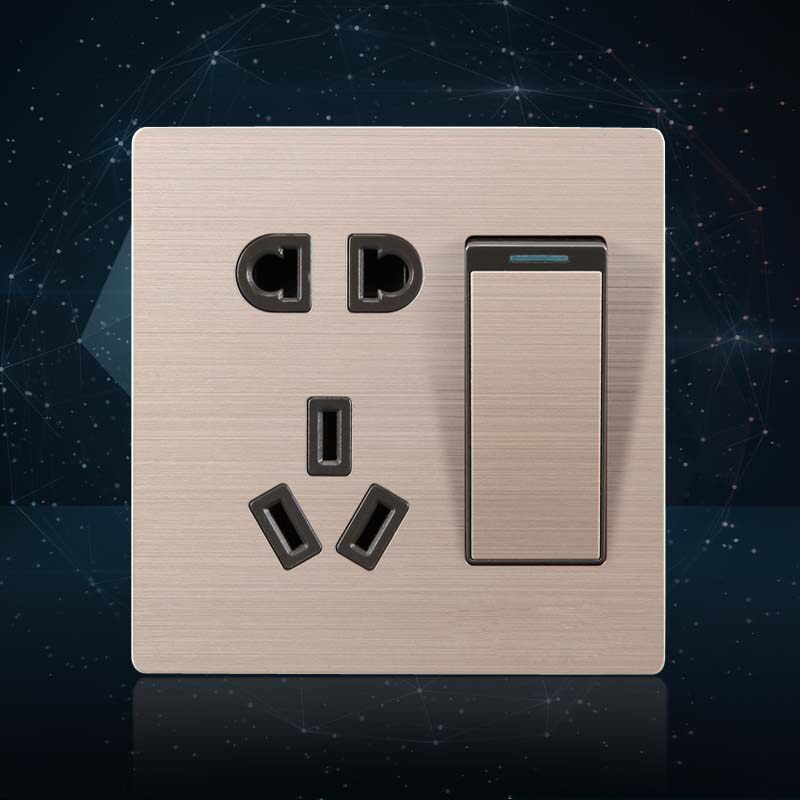 86型开关带插座 全拉丝不锈钢玫瑰金 二三级带开关插座 一开五孔