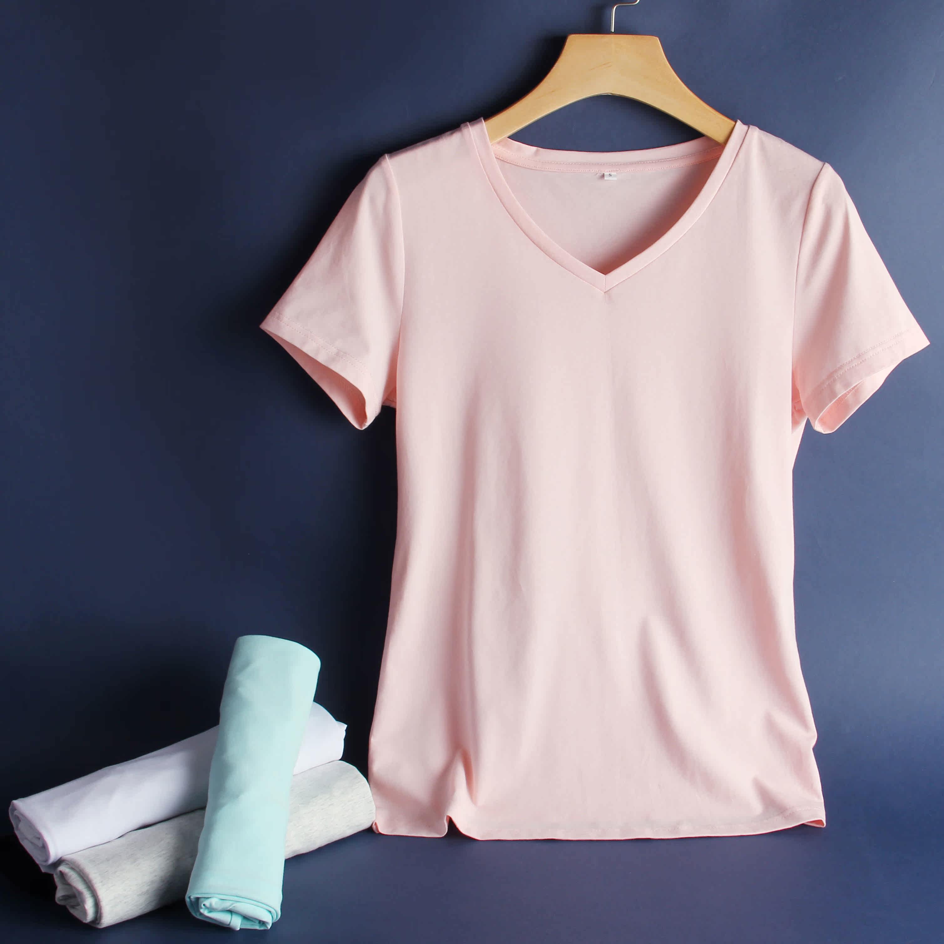 2017春夏季新款纯色v领短袖白色t恤女短款简约修身纯棉女士体恤衫