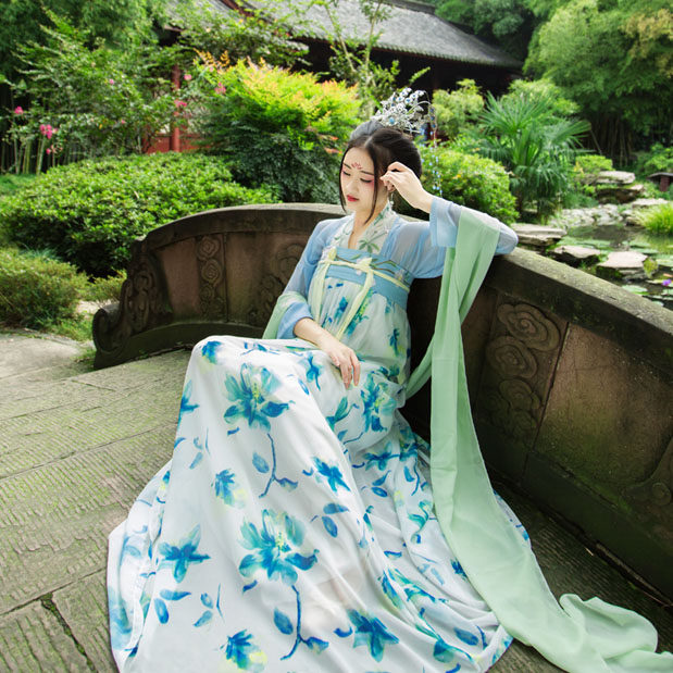 七七坊◆华服改良汉服古装 齐胸襦裙小曲裾 2穿 梦里桃花蓝款二