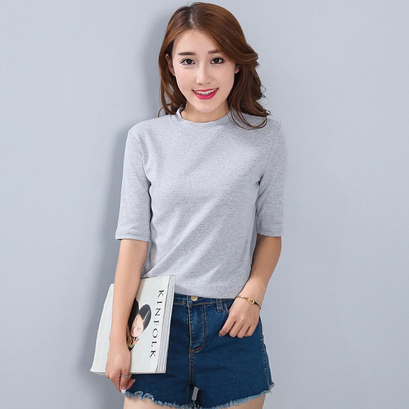 韩版纯色半高领修身短袖半袖t恤女紧身简约气质打底衫纯棉上衣潮