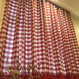 宜家窗帘田园小清新红色红白格子窗帘成品卧室客厅地中海定制窗帘
