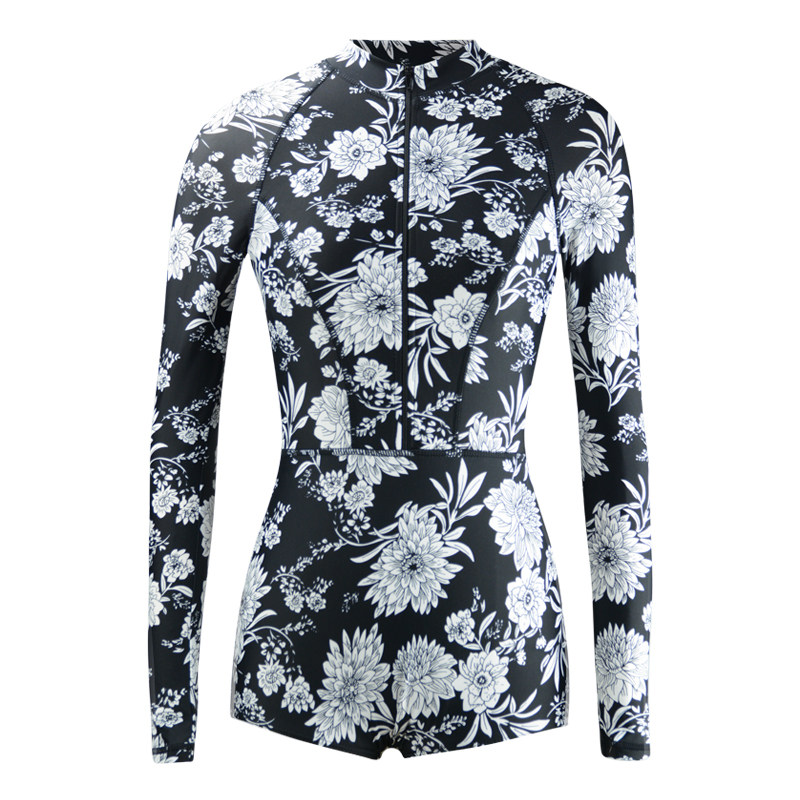 李小饭奢华系黑色大丽花连体长袖泳衣欧美性感小平角显腿长泳装