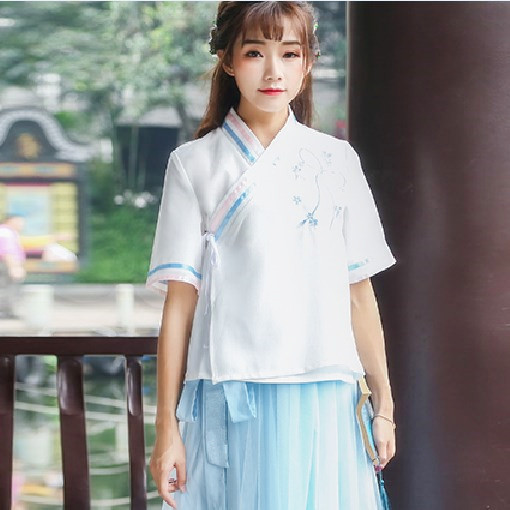 夏装改良日常汉服汉元素古风女刺绣花交领中式上衣网纱长裙舞台装