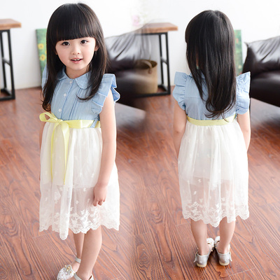 小公主款洋气牛仔接拼纱裙