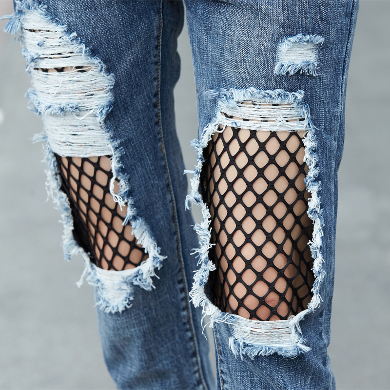 春夏个性渔网大破洞牛仔裤女七分裤高腰显瘦直筒八分乞丐裤网袜裤