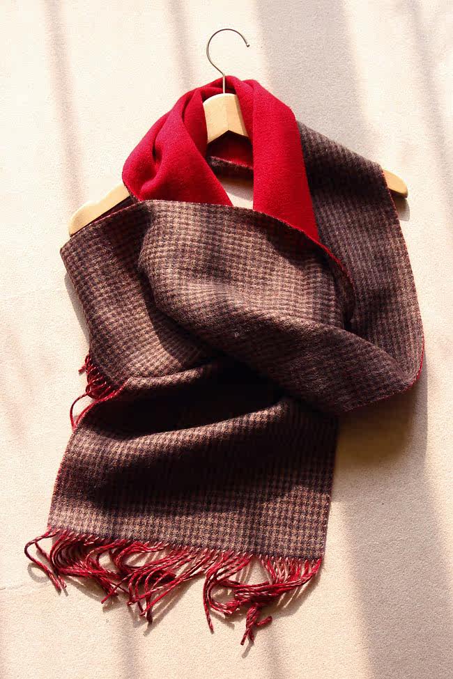 精薄羊绒围巾法国人字纹卡布奇诺拼色撞色精织散须围巾披肩两用