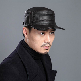 真皮帽子男 春秋中老年羊皮平顶帽军帽皮帽子男 真皮 鸭舌帽