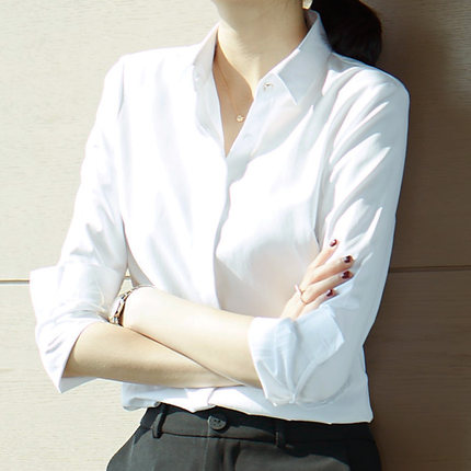 白衬衫女长袖修身职业正装工作服秋款学生面试打底女士白色衬衣_7折