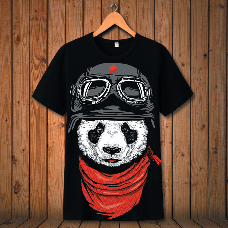 潮2017夏季男装熊猫panda短袖t恤卡通动物圆领印花青少年大码