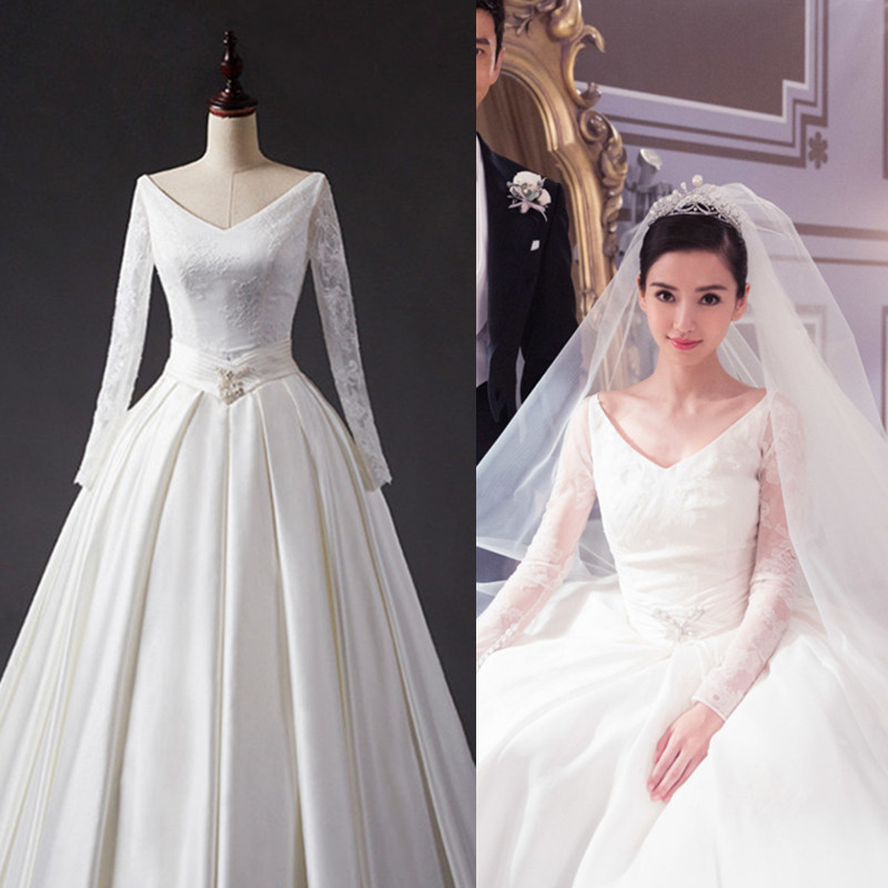 angelababy同款婚纱2016新款双肩v领拖尾简约缎面长袖婚纱可定制