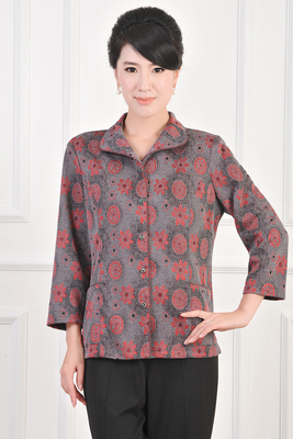 夕阳红新款中老年女装春秋装衬衣 翻领九分袖加厚针织衬衫14-21-1