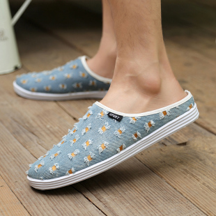 夏季透气韩版包头乞丐潮拖牛仔帆布半拖鞋潮流男套脚男式凉拖托鞋