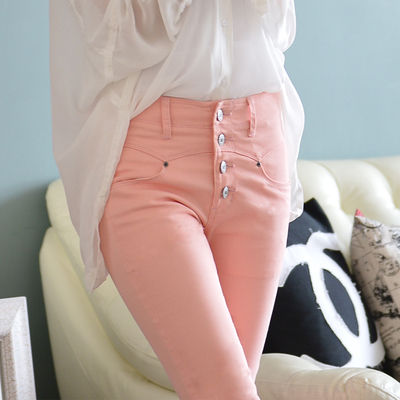 [最后一天] 2015夏秋新款韩版修身显瘦粉色高腰小脚裤女裤子弹力铅笔