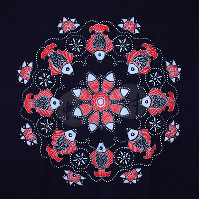 贵州苗族文化艺术品苗族手工蜡染桌布台布 红鱼方巾115x115cm