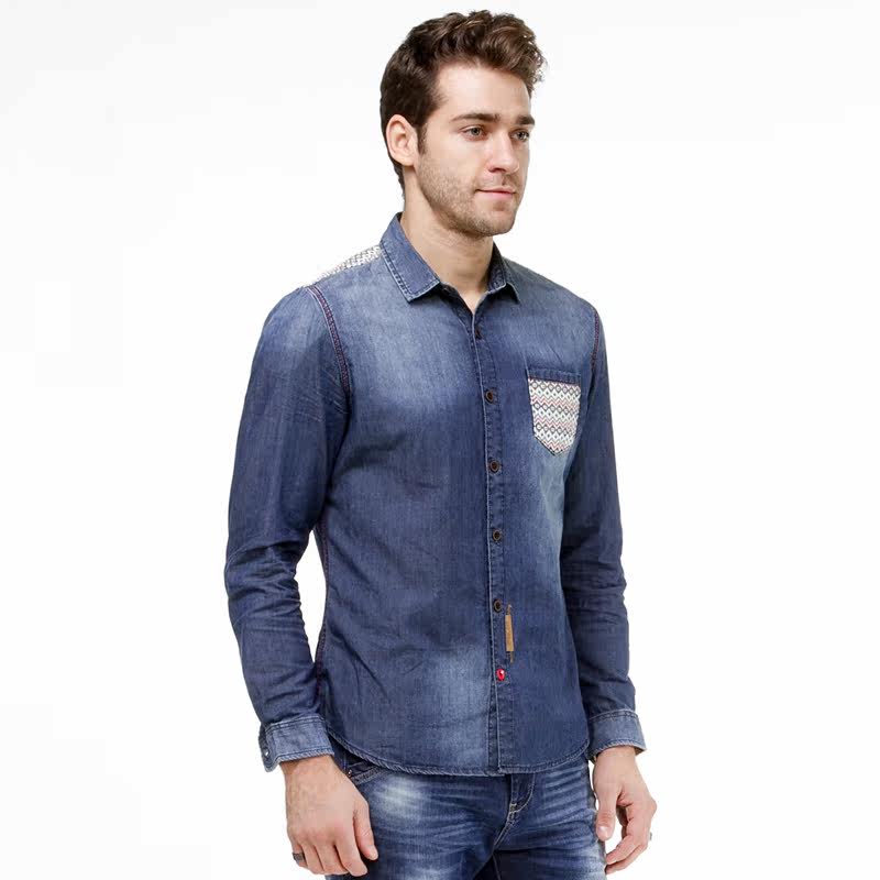 bso小魔怪牛仔2016新品男装条纹牛仔长袖衬衫 牛仔男装衬衫长袖