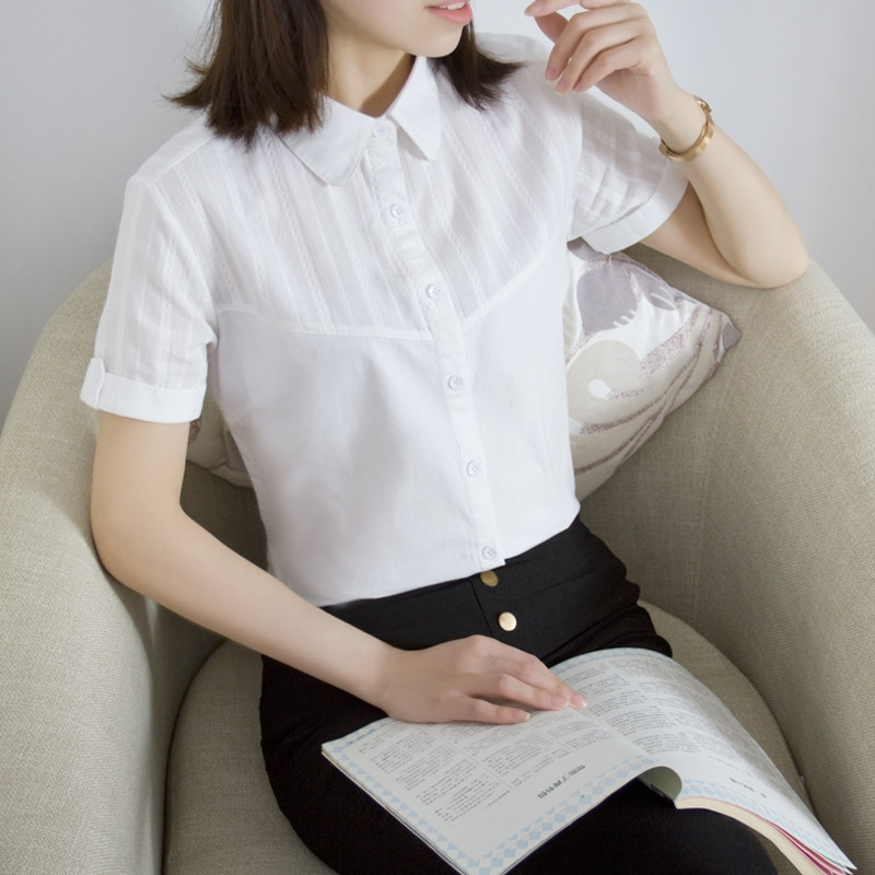 夏季新款短袖纯棉白衬衫女文艺修身百搭白衬衣职业装上衣女式休闲