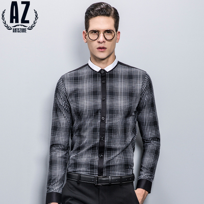 az蚁族男装青年男士商务休闲修身型格子方领长袖衬衫男式职业衬衣