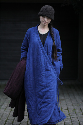 壹旧原著冬款暗宝蓝色纯麻后领撞色开襟系带改良僧袍式保暖棉衣