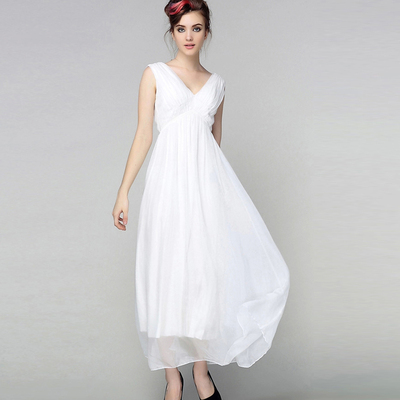reuse新款波斯米亚真丝连衣裙女 大牌白色v领100%桑蚕丝长裙