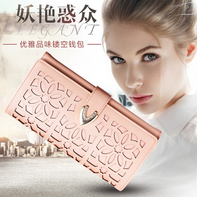 patty/芭迪时尚女士钱包女长款真皮搭扣拉链牛皮大钞夹镂空皮夹潮