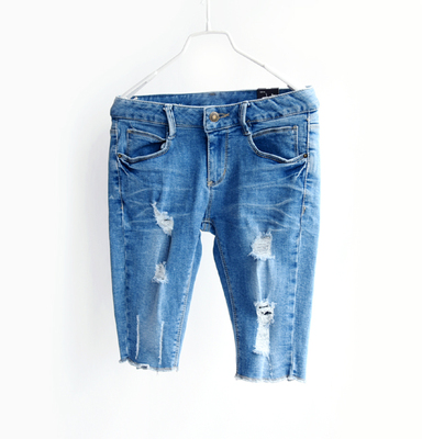 破洞 弹力 修身 6分裤 牛仔裤 蓝色