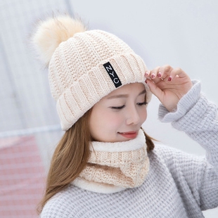 韩版百搭毛线帽女士冬天可爱有球球帽子加厚保暖学生米白色针织帽