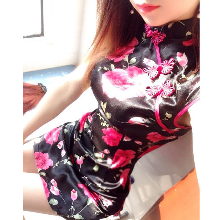 春夏新款欧美夜店复古印花艳丽花朵性感妩媚高开叉短款旗袍连衣裙