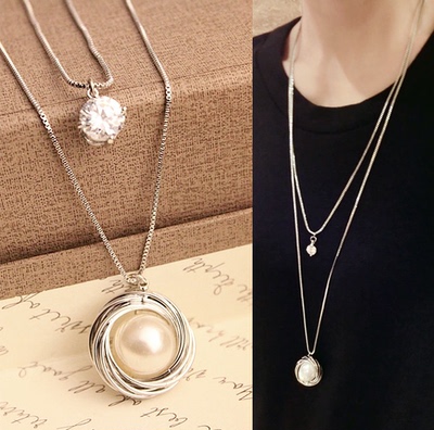 秋季新款韩国饰品百搭服饰配饰双层链子珍珠长款女项链毛衣链包邮