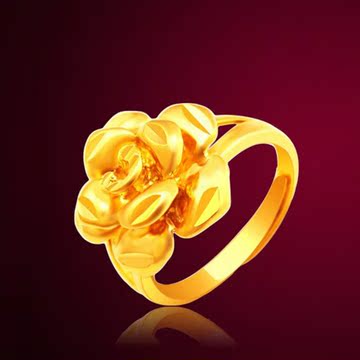 非凡珠宝 正品 镀24k真黄金首饰 女士玫瑰花戒指 优雅浪漫开口指