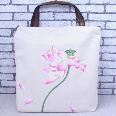 民族风女帆布包休闲单肩包水墨荷花手拎包手绘包斜挎包休闲中国风