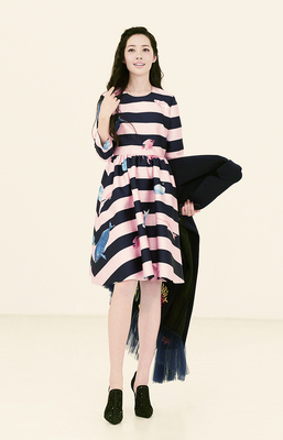 [女神新衣价] 正品代购awaylee李薇 圆领长袖蓝粉条纹小鱼印花褶皱大