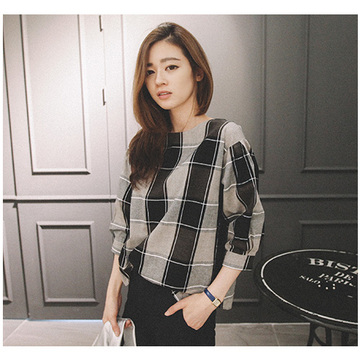 韩国代购正品女装niponjjuya春秋复古格调宽松娃娃款格子套头衬衫