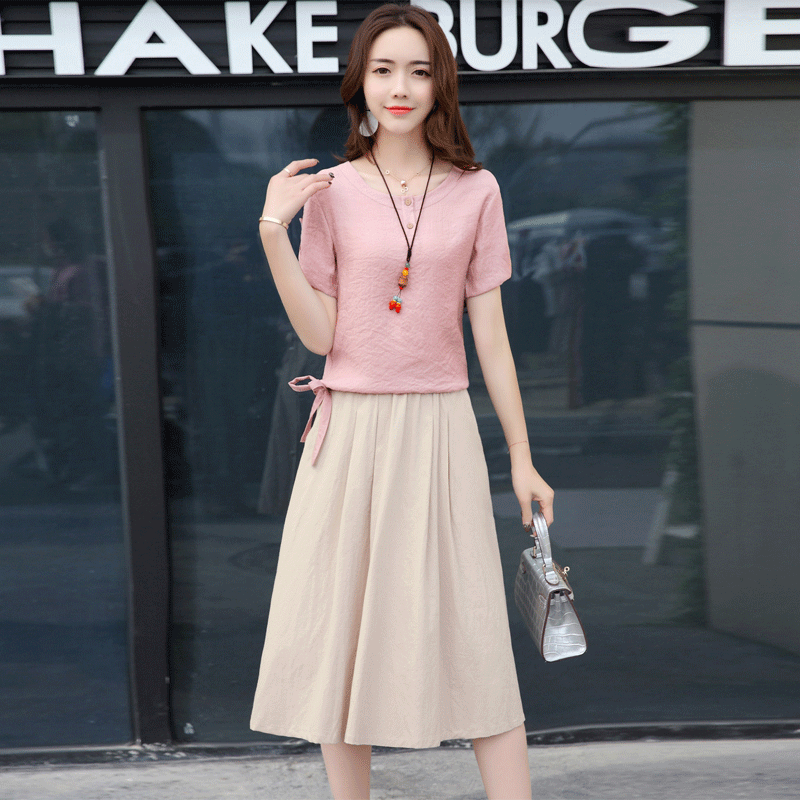 2017夏季新款女装韩版两件套棉麻连衣裙短袖显瘦长裙套装裙子夏装