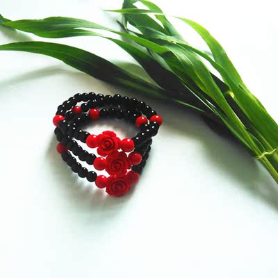 [全民疯抢] 小8朱砂漆雕玫瑰花三朵多层串珠手链女新饰品包邮