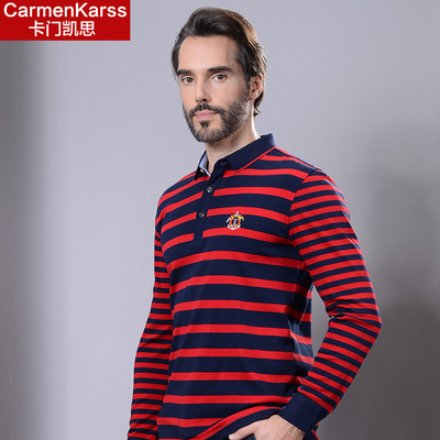 卡门凯思 秋装新款大码男装polo衫男士加肥加大条纹休闲长袖t恤胖