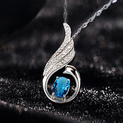 [年度盛典] 守护天使之翼项链纯银925吊坠蓝色水晶女款项链时尚大方不
