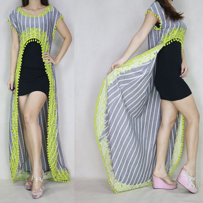 200f 欧单 民族风情刺绣前短后长毛球流苏竖条纹棉麻超长拖地长裙