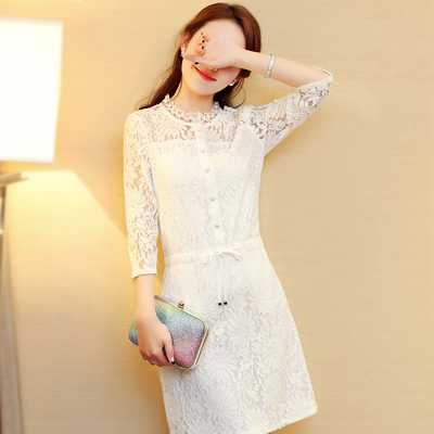 2016春装新款韩版修身显瘦钩花镂空花绣花连衣裙蕾丝一步裙打底裙