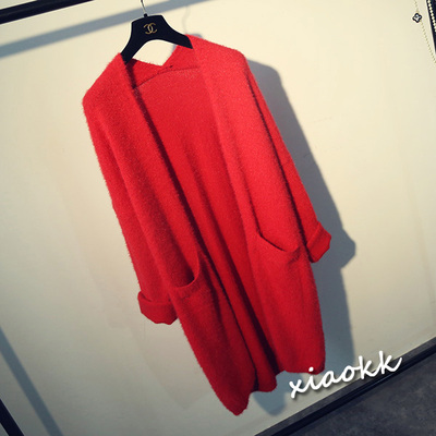 欧美复古正红色针织衫2015秋装中长款毛衣开衫宽松女秋冬外套披肩