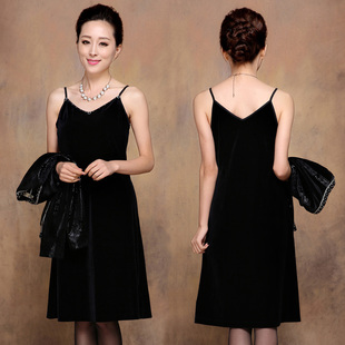 秀巧正品2015新款女装春装金丝绒吊带裙休闲妈妈装打底连衣裙6697