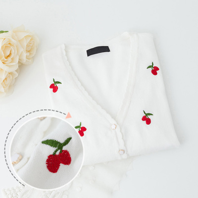 小清新樱桃绣花针织衫女开衫新款春大码v领小花短款糖果色小外套