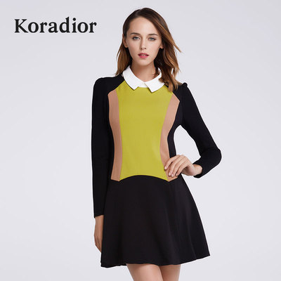 [限时特惠] koradior/珂莱蒂尔正品冬款女装韩版几何拼接长袖修身显瘦