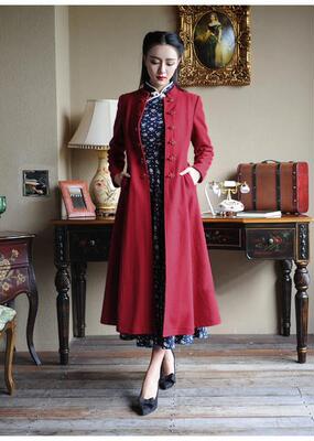 独家 民国风女装棉麻女装秋冬中长款复古大衣毛呢古典外套气质