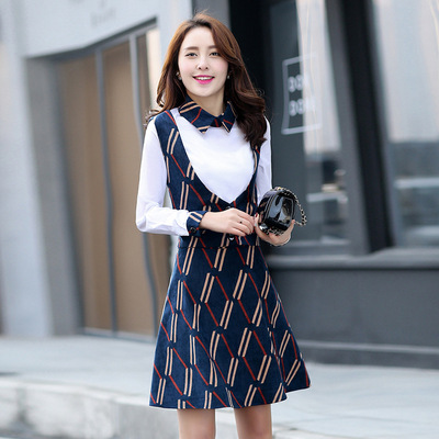学院风2016春装新款套装裙女修身白色衬衣背心裙三件套格子连衣裙
