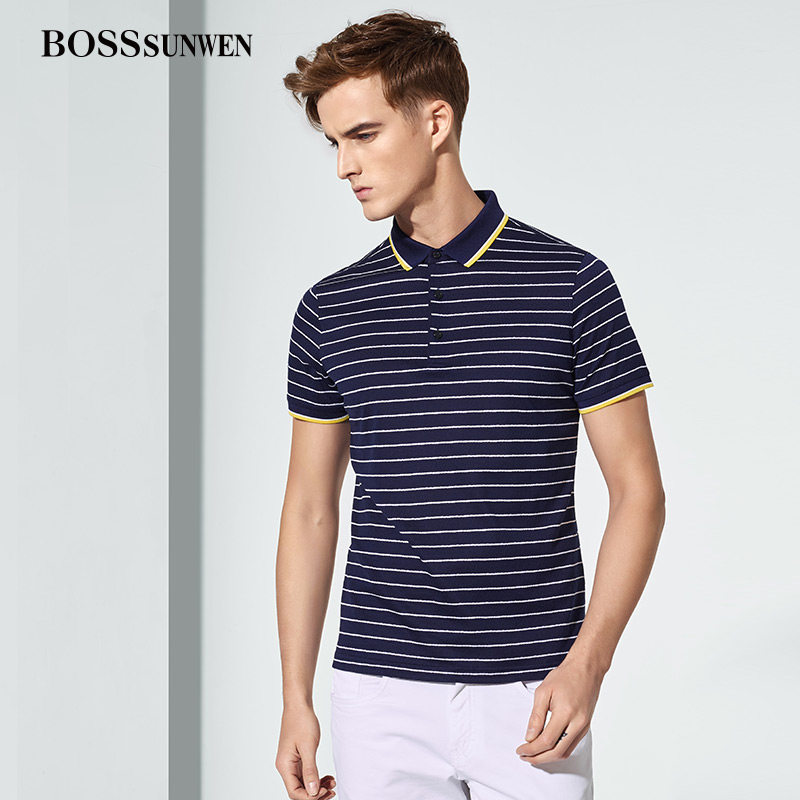 bosssunwen时尚商务休闲夏季短袖t恤男翻领条纹棉质时尚