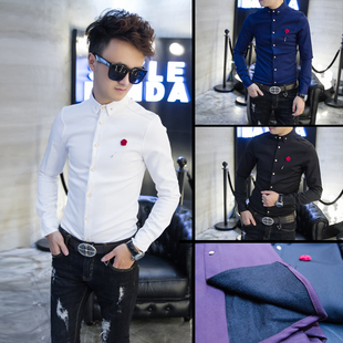 理发师服装弹力白色男衬衫长袖韩版纯棉时尚职业装修身纯色衬衣男