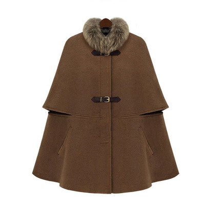 秋冬女装新款真毛领披肩披风大衣宽松大码显瘦斗篷毛呢外套女