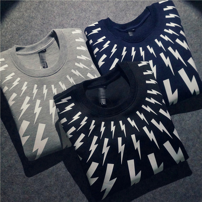 [只为销量] 2015秋冬新品欧美潮牌小闪电长袖情侣太空棉男女套头圆领